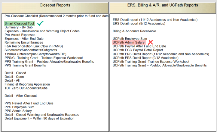 Screenshot of Smart Closeout Tool highlighted in green and UCPath Admin Salary highlighted in red