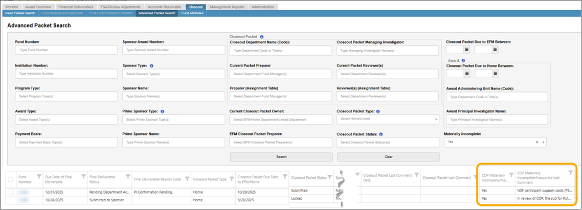Screenshot of Advanced Packet Search