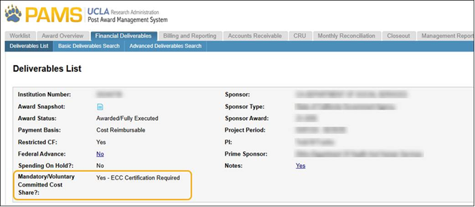 Screenshot of Deliverables List