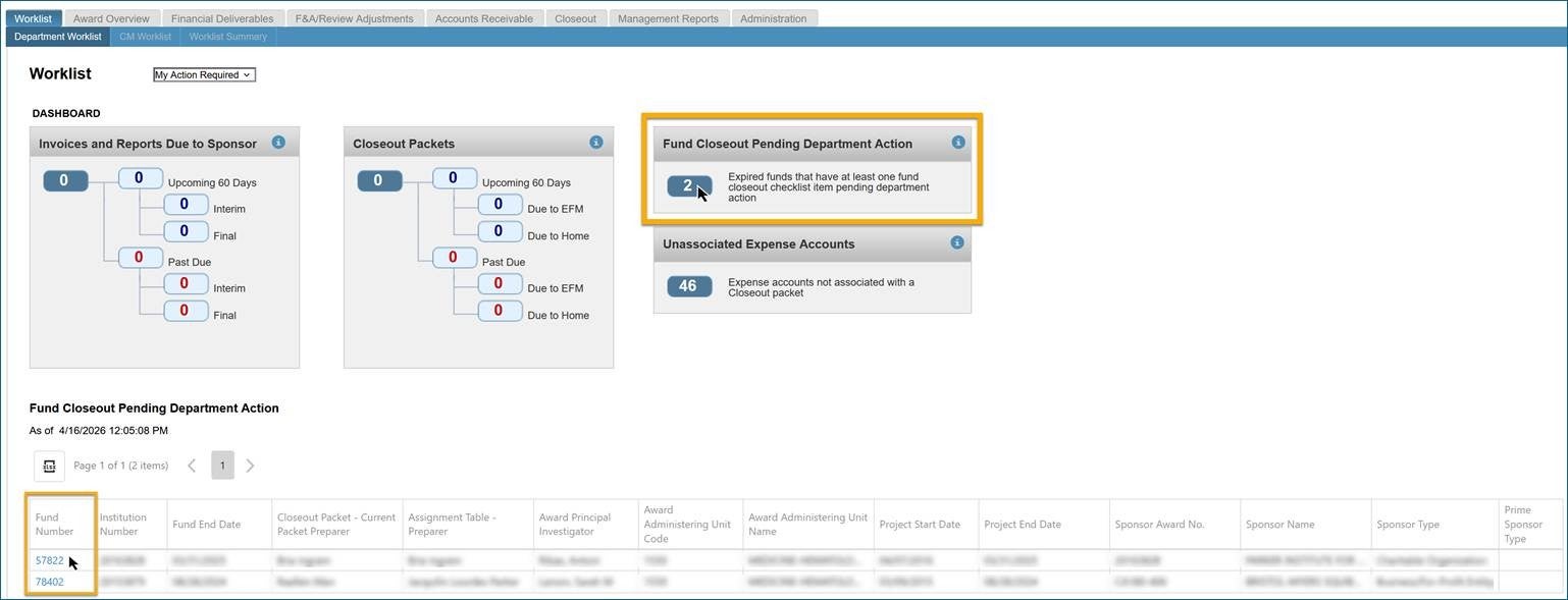 Screenshot of Worklist showing how to view required actions