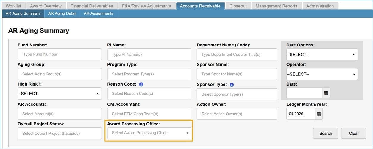 Screenshot of Accounts Receivable showing New ‘Award Processing Office’ Filter on AR Aging Summary