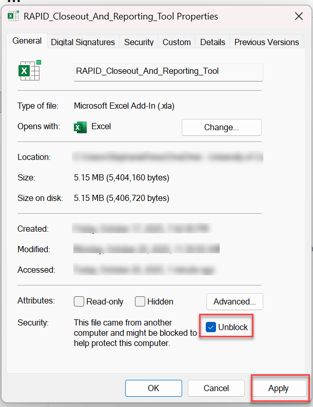 Screenshot showing how to unblock the .xla add-in file